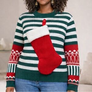 Tipsy Elves Ugly Christmas Sweater w/ 3D Stocking | Green Stripe | Size M